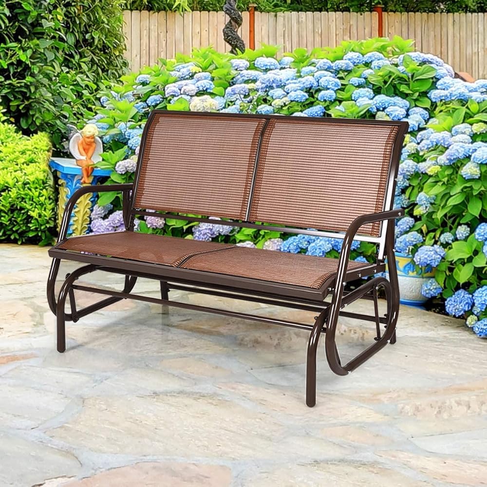 Giantex Swing Glider Chair 48 Inch with Spacious Space, 2 People Lounge Cozy Patio Bench Outdoor &amp; Indoor for Patio, Backyard, Poolside, Lawn Steel Rocking Garden Loveseat (Brown)