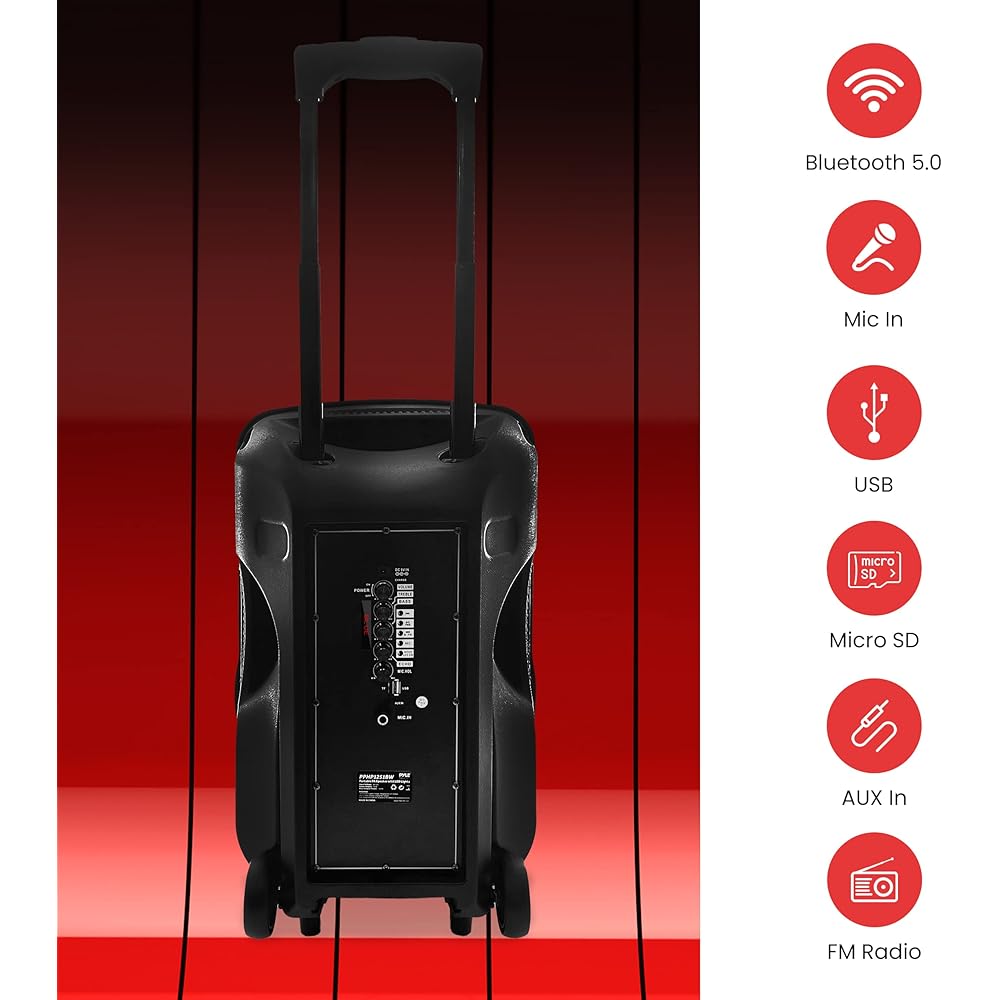 PyleUsa Portable Bluetooth PA Speaker-300W 12” Rechargeable Indoor/Outdoor BT Karaoke Audio System LED Display, FM/AUX/MP3/USB/SD,1/4" in, Handle, Wheels-Wireless &amp; Wired Mic, Remote Control
