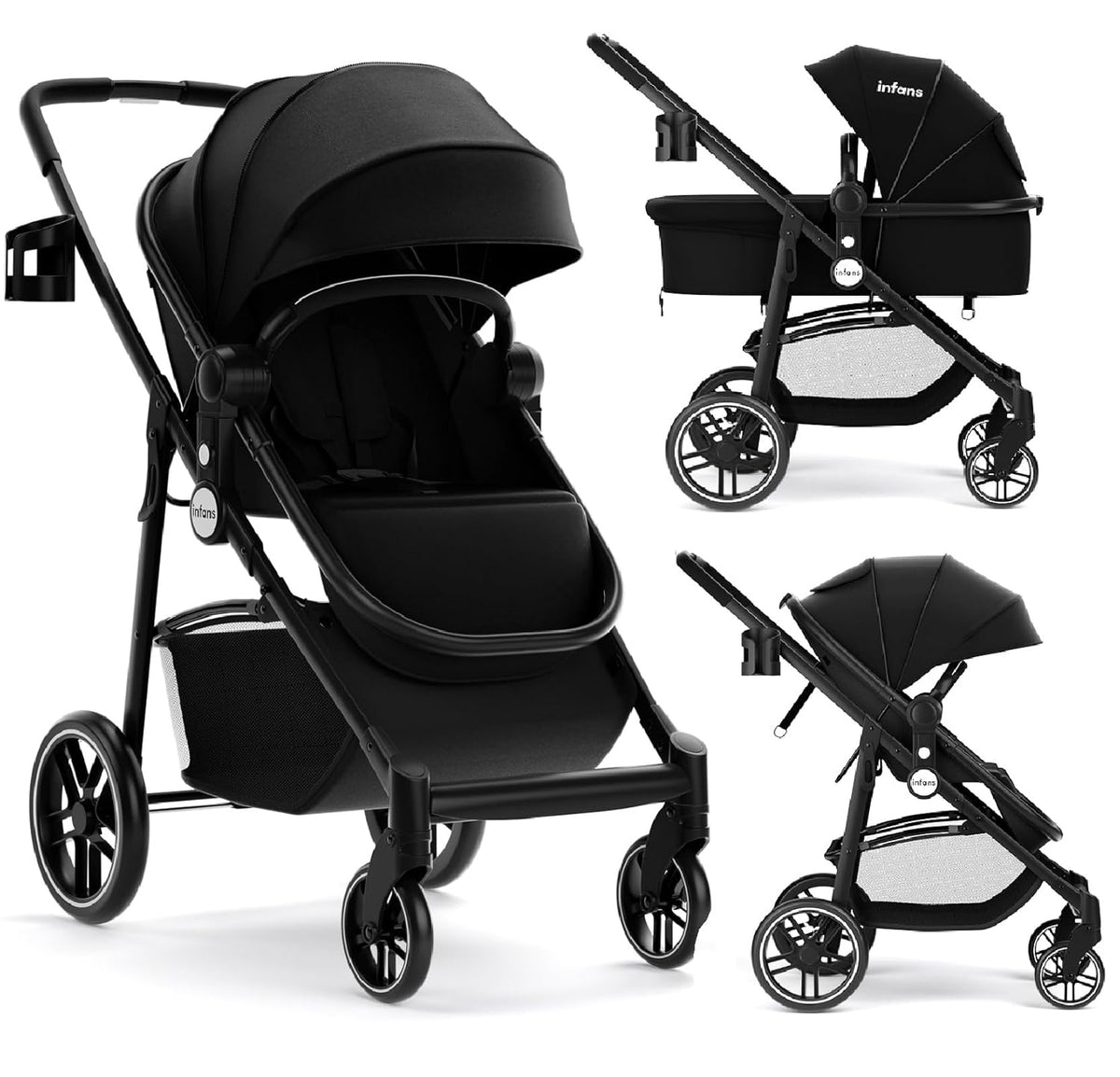 INFANS 2 in 1 Baby Stroller, High Landscape Infant Stroller &amp; Reversible Bassinet Pram, Foldable Pushchair with Adjustable Canopy, Storage Basket, Cup Holder, Suspension Wheels (Black)