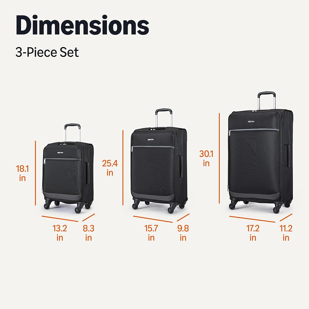 | 3-Piece Set (21", 23", 28"), Softside Suitcases With Wheels, With Four 360-Degree Multi-directional Spinner Wheels, Expandable Space, Zippered Pocket and Straps, Telescopic Handle, Black | Suitcases