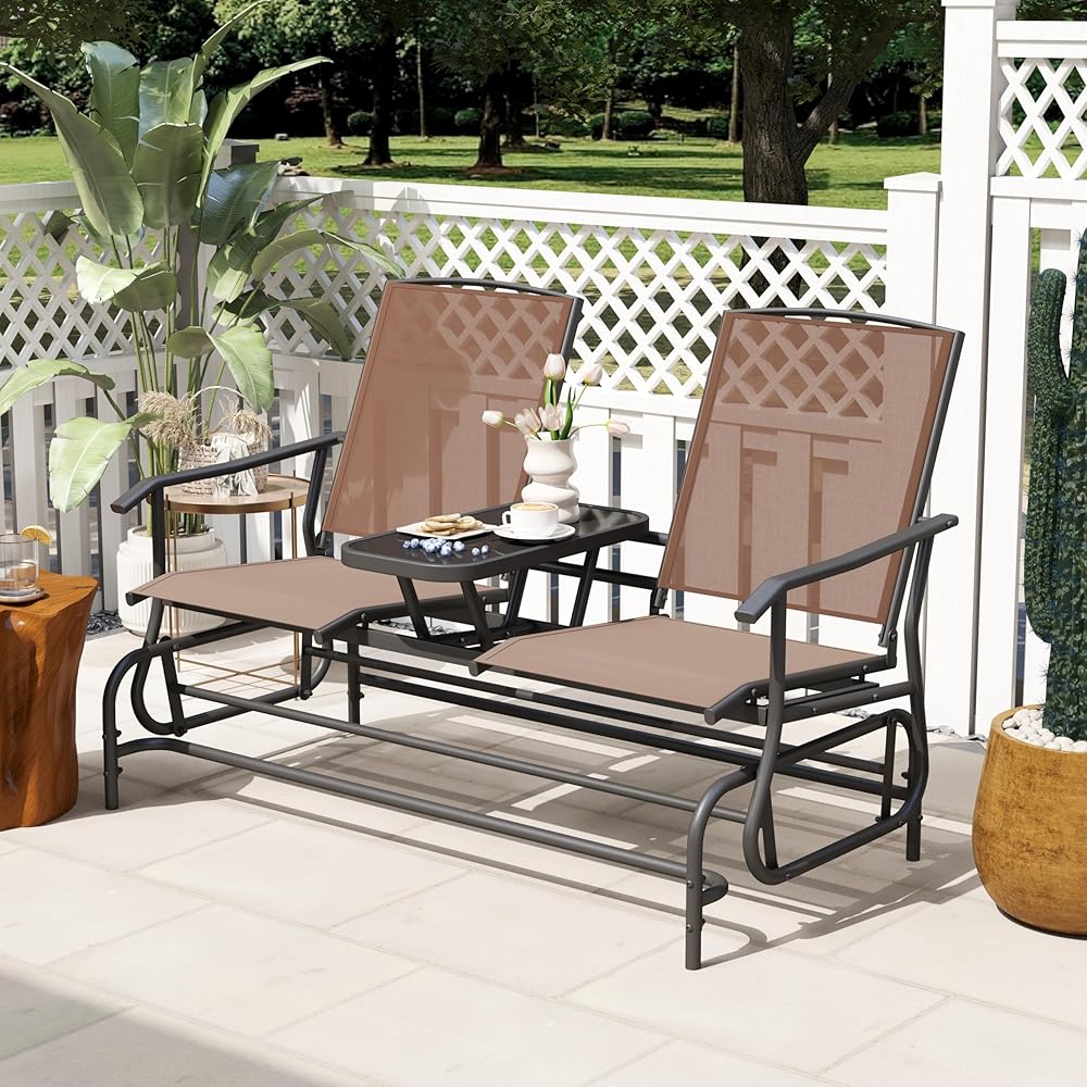 Tangkula 2 Person Swing Glider Chair, Patio Rocking Loveseat w/Center Tempered Glass Table, Outdoor Swing Bench w/Steel Frame &amp; Breathable Mesh Fabric for Porch, Balcony, Poolside (Brown)