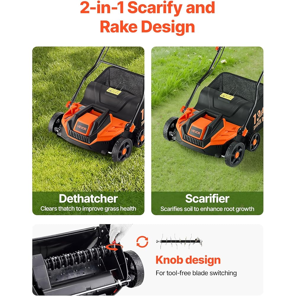 VEVOR 2-in-1 Electric Dethatcher and Scarifier, 13-Inch 13 Amp, Corded Lawn Dethatcher with 13-Gallon Thatch Collection Bag, 5-Position Depth Adjustment, Walk Behind Machine for Garden Yard Grass