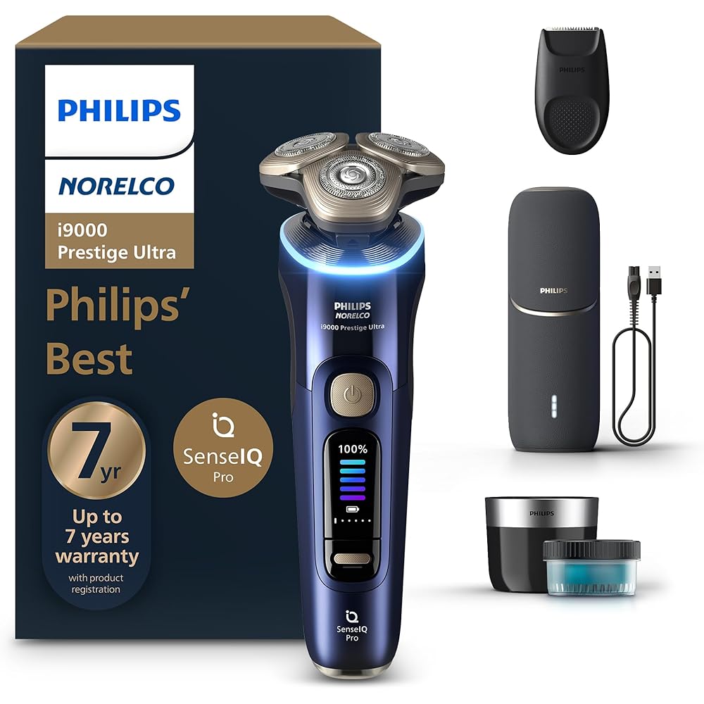 Philips Norelco Shaver i9000 Prestige Ultra, Wet &amp; Dry Electric Shaver, Adriatic, SenseIQ Pro Technology, Triple Lift &amp; Cut System, 360 Rotating NanoTech Precision Blades, Precision Trimmer, XP9401/92