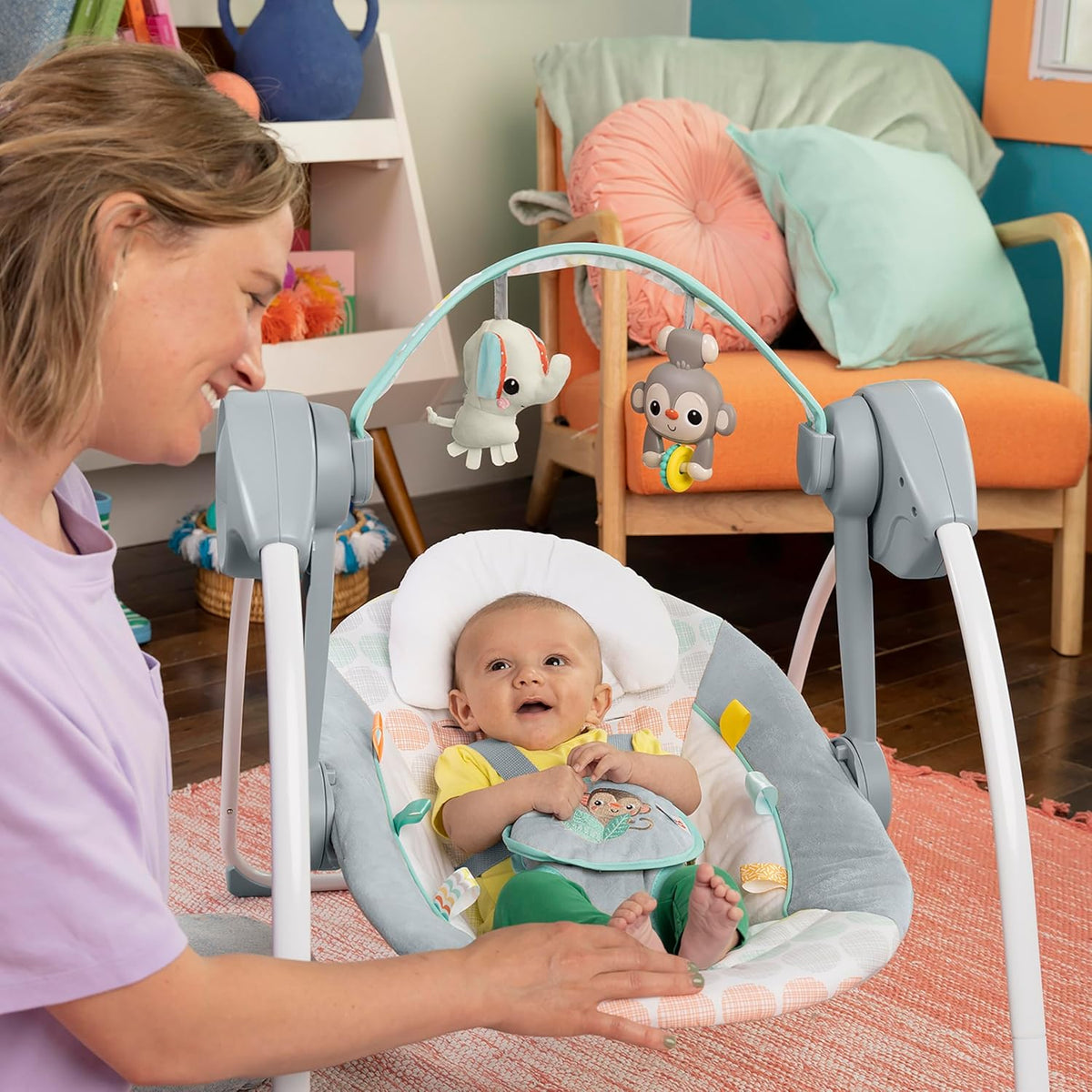 Bright Starts Portable Automatic 6-Speed Baby Swing with Adaptable Speed, Taggies, Music, Removable-Toy-Bar, 0-9 Months 6-20 lbs (Whimsical Wild)
