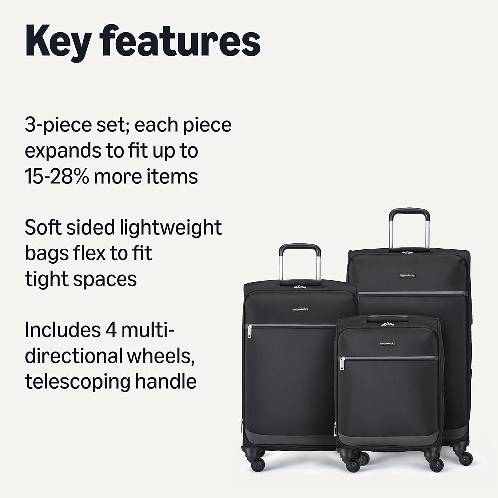 | 3-Piece Set (21", 23", 28"), Softside Suitcases With Wheels, With Four 360-Degree Multi-directional Spinner Wheels, Expandable Space, Zippered Pocket and Straps, Telescopic Handle, Black | Suitcases