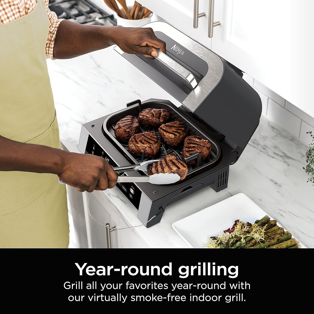 Ninja DG551 Foodi Smart XL 6-in-1 Indoor Grill with Air Fry, Roast, Bake, Broil, &amp; Dehydrate, Foodi Smart Thermometer, 2nd Generation, Black/Silver