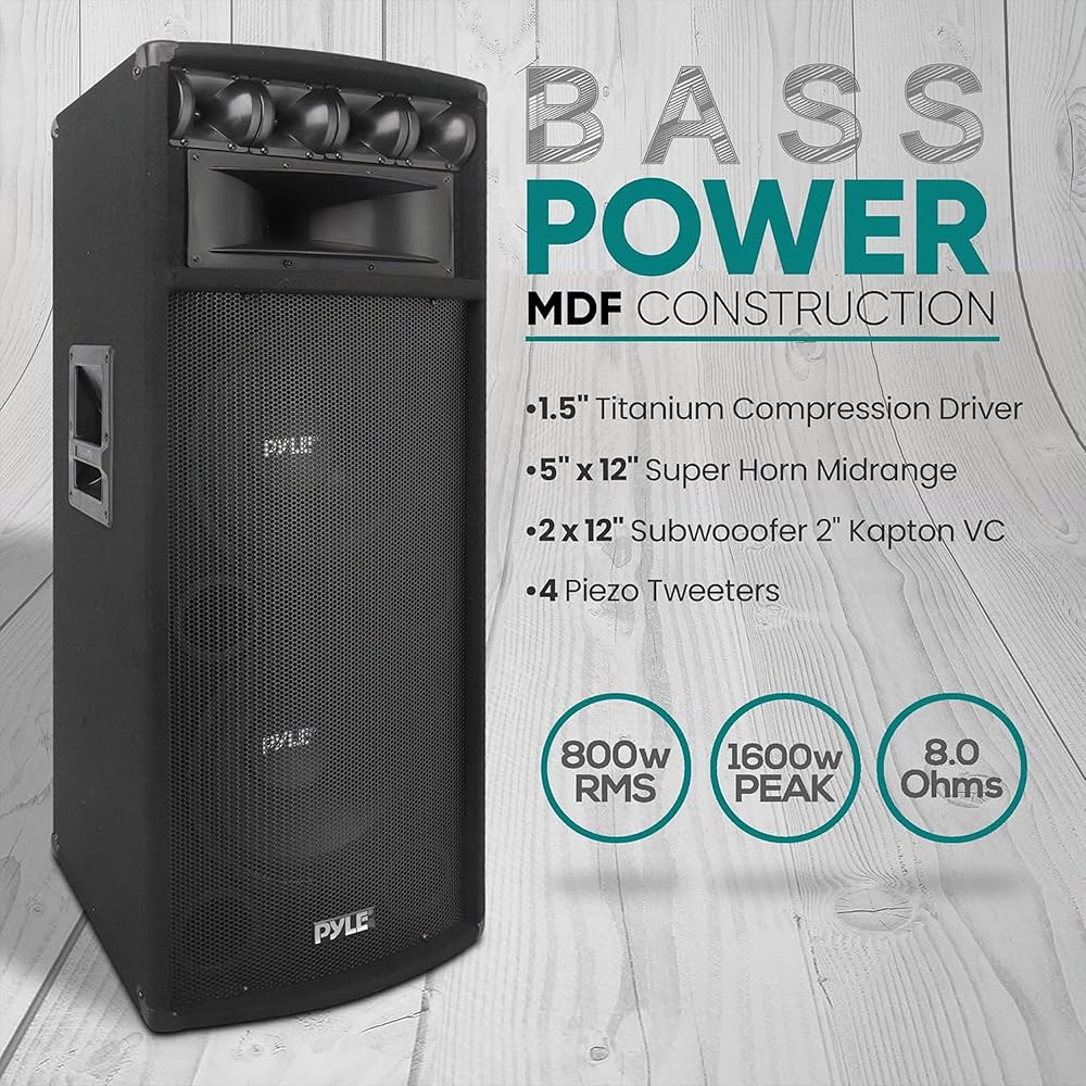 Pyle Portable Cabinet PA Speaker System 1600 Watt Outdoor Stereo Sound Speakers w/ Dual 12" Woofers, 3.4" Piezo Tweeters, 5"x12" Super Horn Midrange, Crossover Network