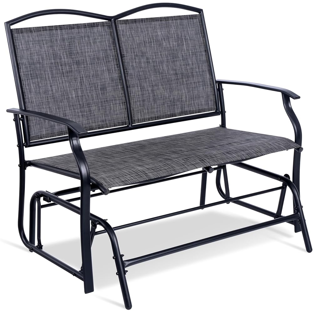Backyard Expressions 2-Person Outdoor Glider Bench, Patio Double Swing Rocking Chair Loveseat w/Powder Coated Steel Frame for Backyard Garden Porch, Black Frame Heathered Grey Sling Fabric