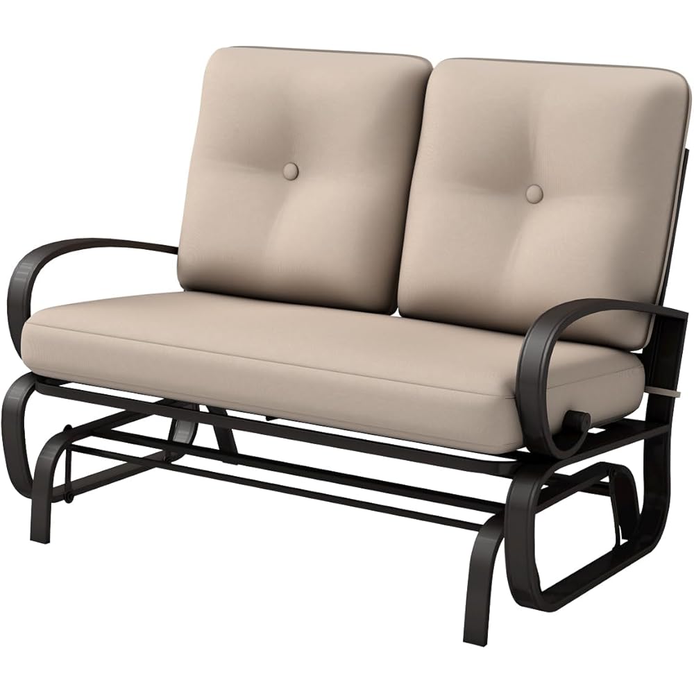 Giantex Outdoor Glider Bench, Patio 2 Person Loveseat with Removable Cushion, Thick Padded Seat, Stable Steel Frame, Outside Glider Swing Chair for Deck, Poolside, Yard, Balcony, Porch, Beige