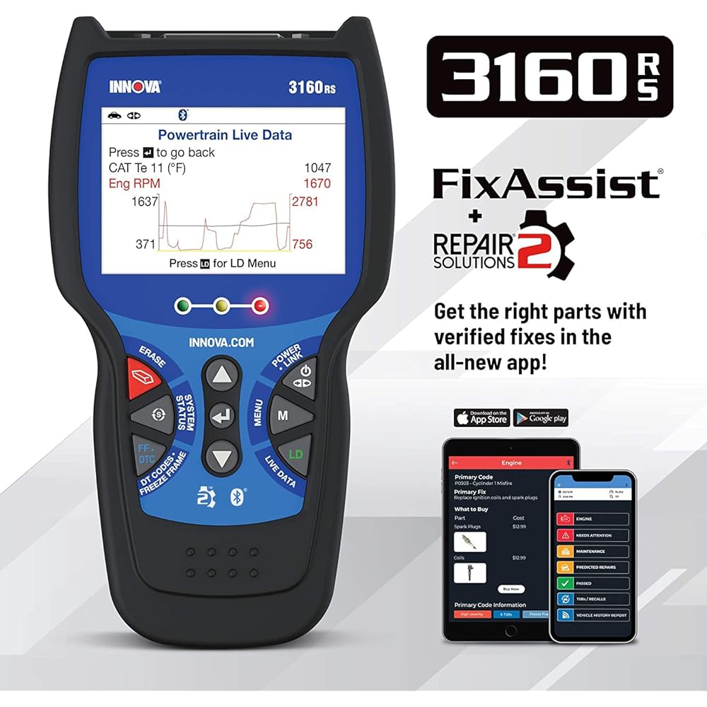 INNOVA 3160RS OBD2 Scanner, ABS Brake Bleeder, ABS SRS Engine Transmission Diagnoses, Airbag Light Reset, Car Battery Tester &amp; Alternator Tester, Battery Reset, Fix &amp; Parts Recommendations