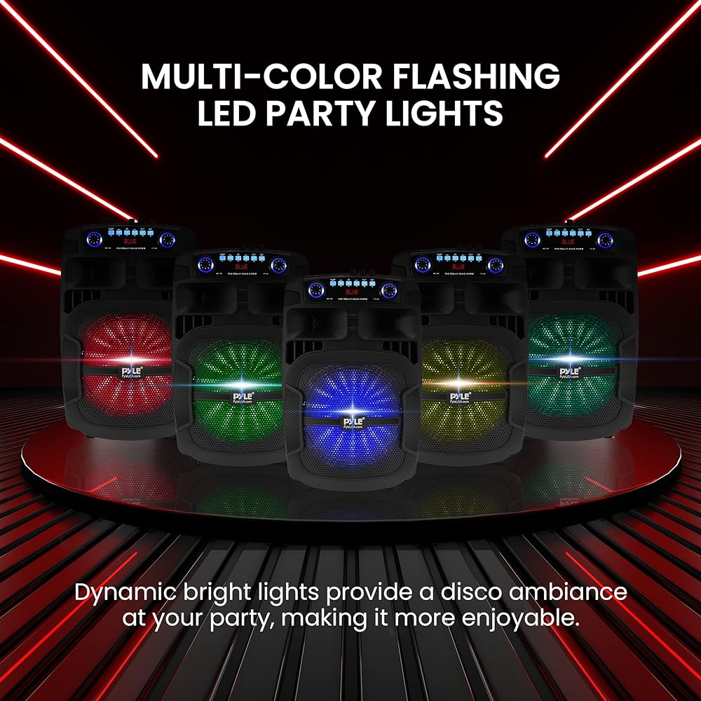 Pyle Portable Bluetooth PA Speaker System 800W 12 Inch Outdoor Speaker with Built-In Party Lights USB/SD Card Reader, FM Radio, Extendable Handle w/ Wheels Includes Wired Microphone &amp; Remote
