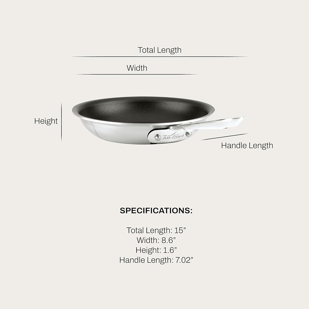 All-Clad D5 8 Inch Brushed Stainless Steel Pro Non Stick Frying pan, 5-Ply Stainless Steel Pan, Induction, Oven Broiler Safe 500F Skillet, Professional Cookware, Silver