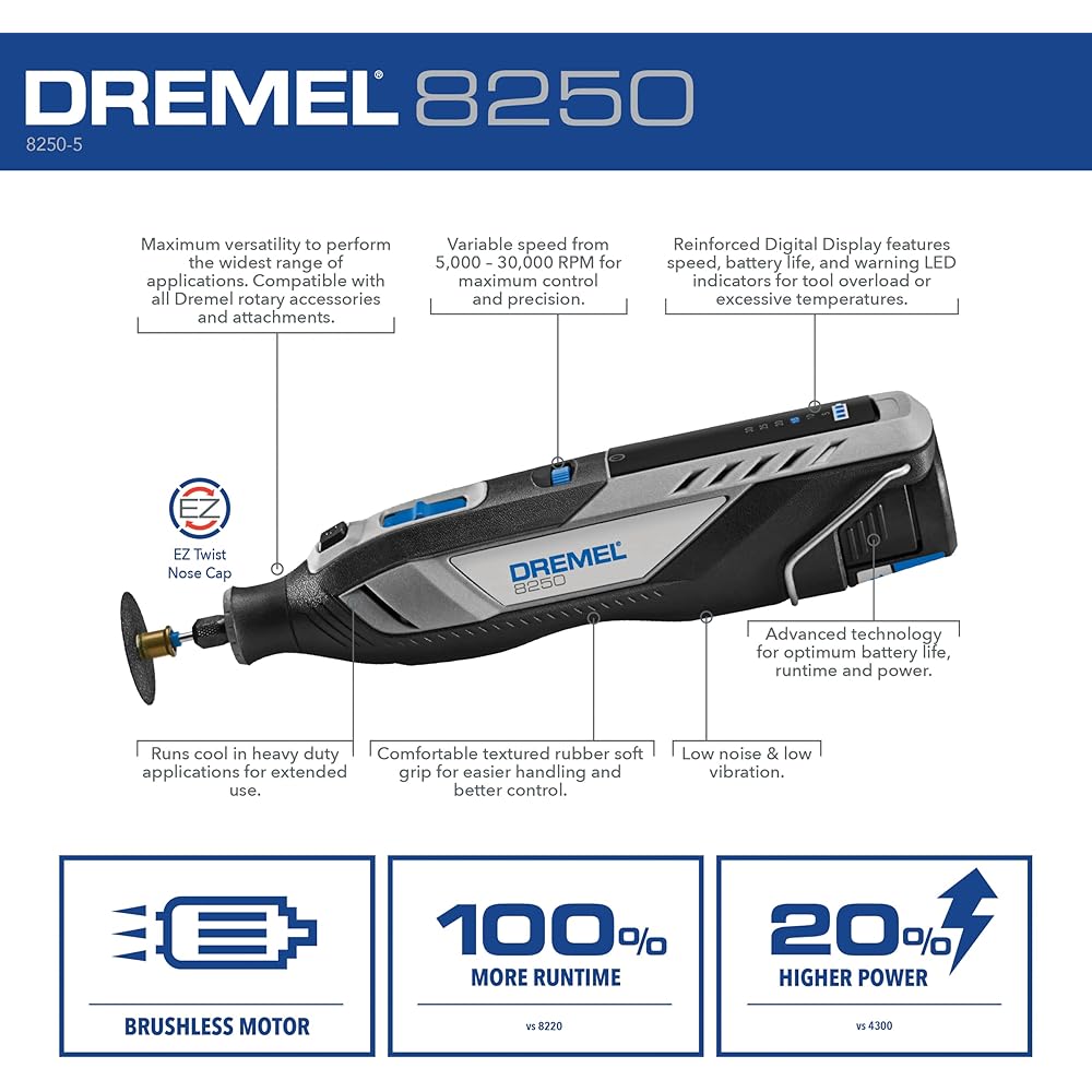 Dremel 8250-5 12V Lithium-Ion Variable Speed Cordless Rotary Tool with Brushless Motor 5 Rotary Tool Accessories, 3Ah Battery, Charger, and Tool Bag