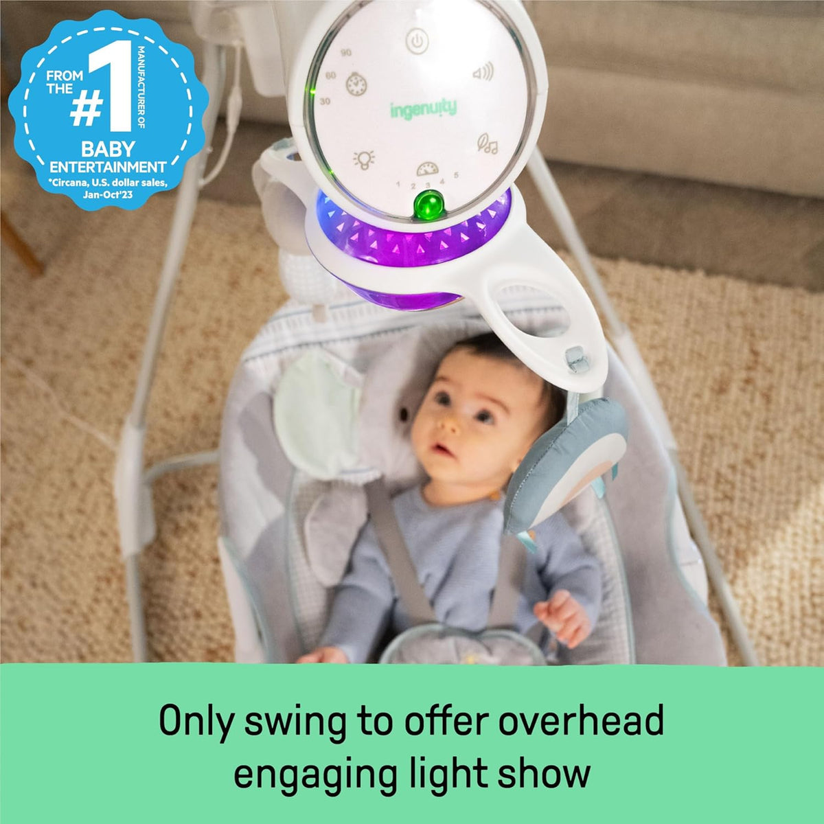 Ingenuity InLighten 5-Speed Baby Swing Swivel Infant Seat, 5 Point Safety Harness, Nature Sounds, Lights Van Elephant