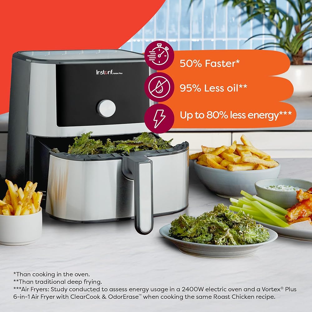 Instant Pot Vortex Plus 4QT Air Fryer, Custom Program Options, 6-in-1 Functions Crisps, Broils, Roasts, Dehydrates, Bakes, Reheats, 100+ In-App Recipes, from the Makers of Instant Pot, Stainless Steel