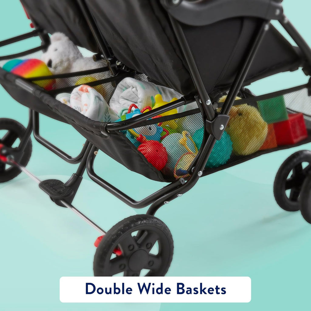 Kolcraft Cloud Plus Double Stroller Side by Side for Baby and Toddler, Compact and Travel Friendly, Reclining Seats, Child &amp; Parent Trays, Large Storage, Extendable Canopies, Collapsible Red/Black