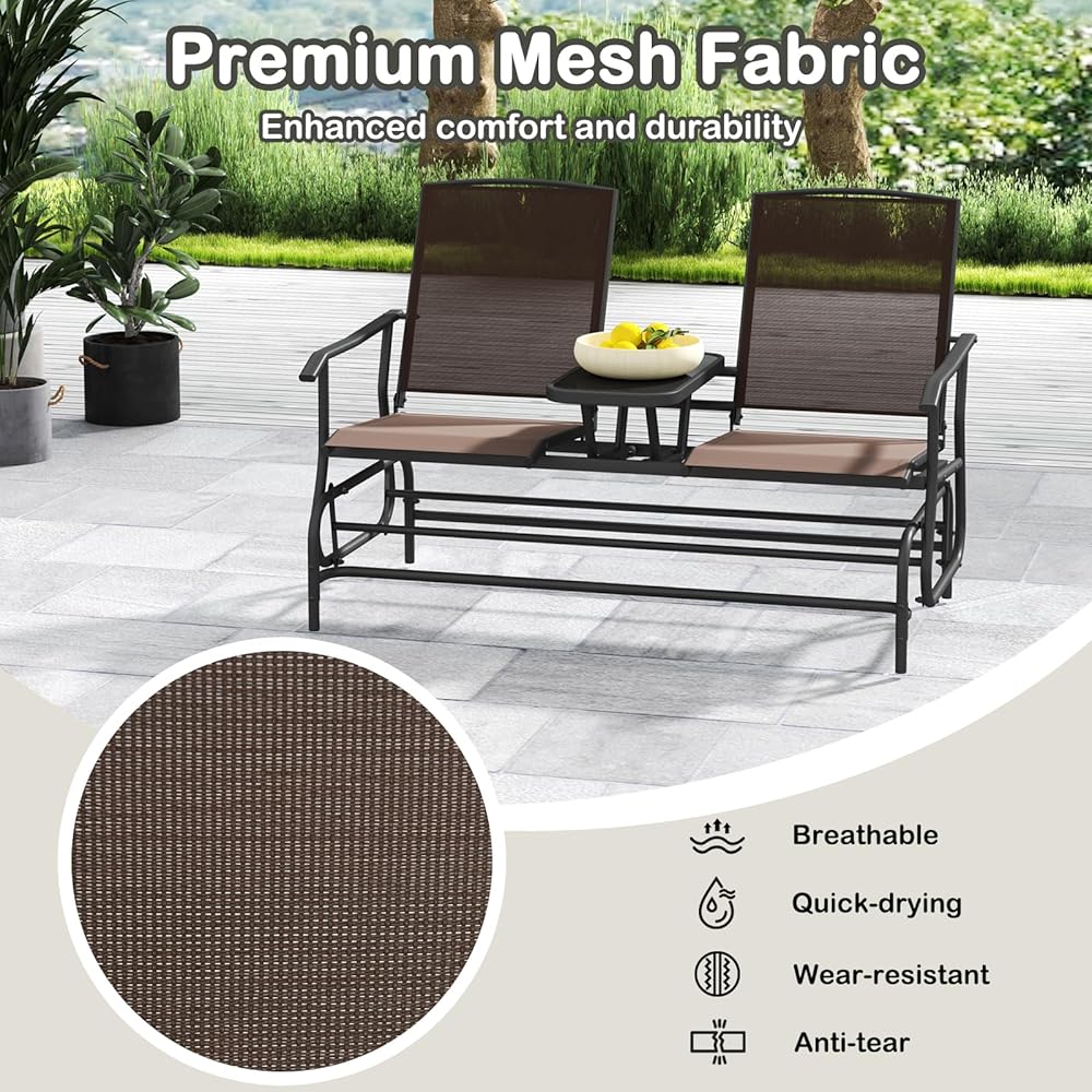Tangkula 2 Person Swing Glider Chair, Patio Rocking Loveseat w/Center Tempered Glass Table, Outdoor Swing Bench w/Steel Frame &amp; Breathable Mesh Fabric for Porch, Balcony, Poolside (Brown)