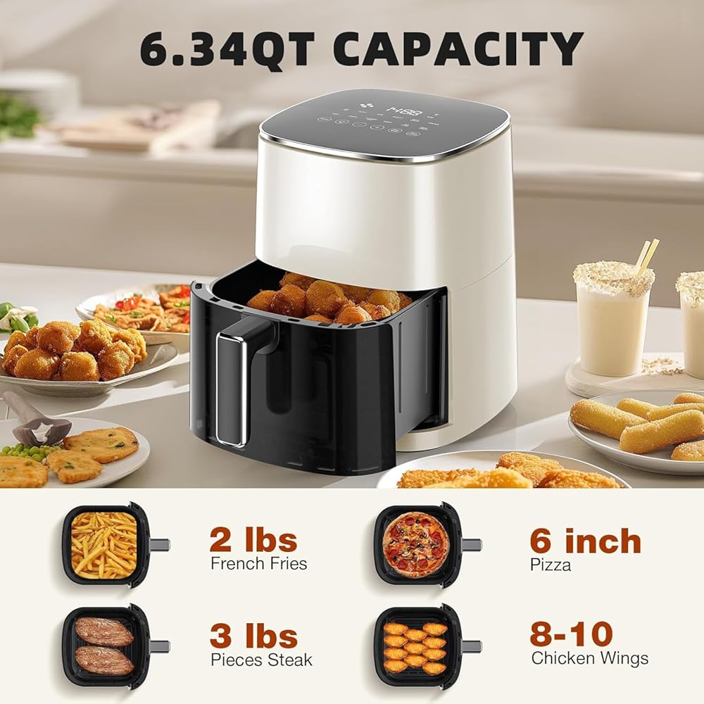 Elevon 6QT Large Air Fryer, 12-in-1 Digital Airfryer with Clear Window, Roast, Reheat, Dehydrate, Bake, Steam with 400F and More, Dishwasher Safe, Nonstick, Fit for Family of 2-5, Beige