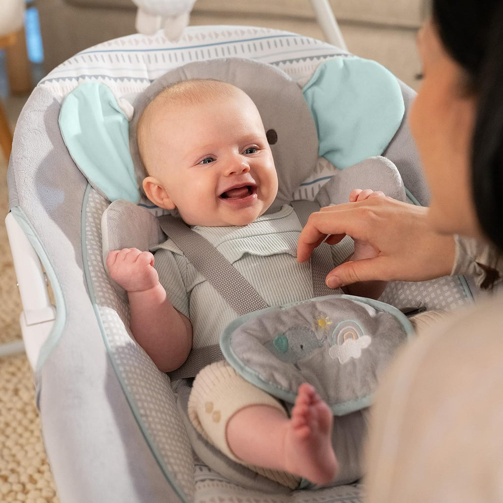Ingenuity InLighten 5-Speed Baby Swing Swivel Infant Seat, 5 Point Safety Harness, Nature Sounds, Lights Van Elephant