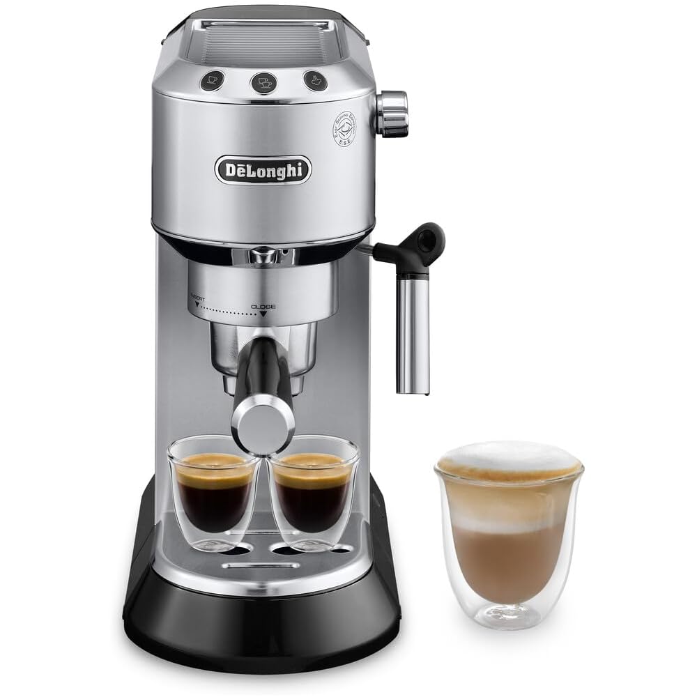 De’Longhi Dedica Espresso Machine with Manual Milk Frother, 15-Bar Pump &amp; Adjustable Tray Barista Coffee Maker Kit for Espresso, Latte, Cappuccino &amp; Iced Coffee Italian Stainless Steel Design