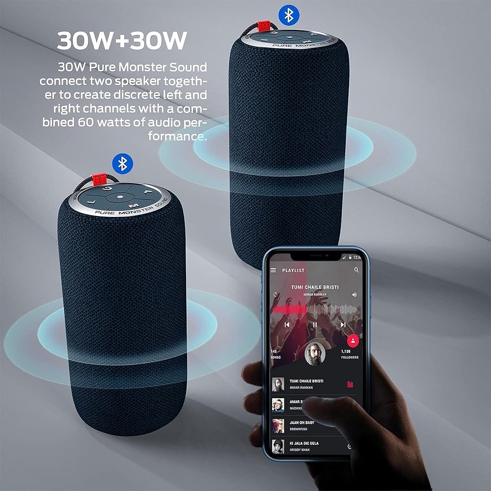 Monster S310 Bluetooth Speaker, Portable Bluetooth Speaker, 30W True Wireless Stereo Pairing Deliver Dynamic Sound, Waterproof Speaker, Bluetooth 5.2 Built-in Mic, 24H, for Family Outdoor