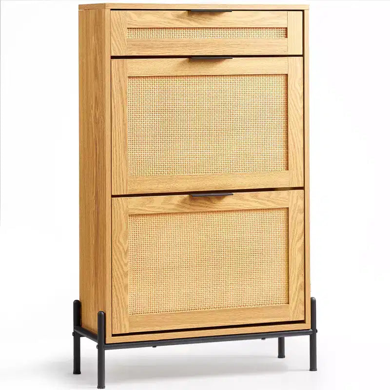 VEVOR Rattan Shoe Cabinet, with 2 Flip Rattan Drawers & 1 Slide Drawer, Metal Legs, for Entryway, Closet, Hallway, Light Wood Color