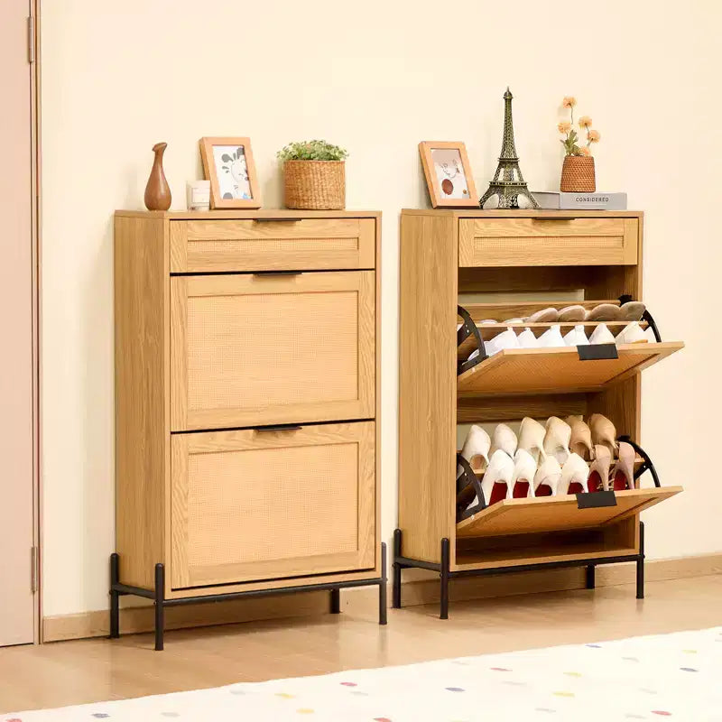 VEVOR Rattan Shoe Cabinet, with 2 Flip Rattan Drawers & 1 Slide Drawer, Metal Legs, for Entryway, Closet, Hallway, Light Wood Color