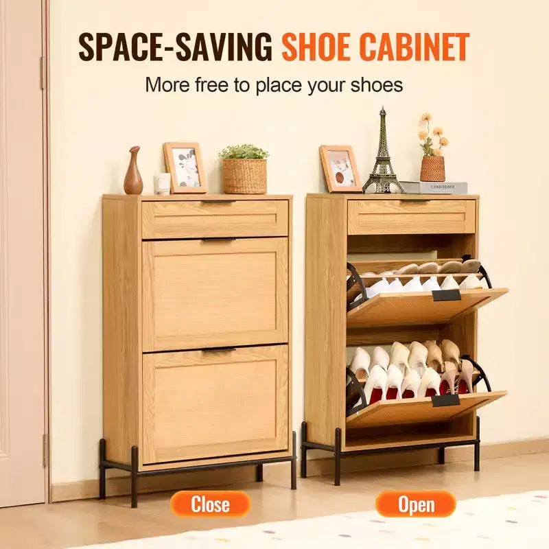 VEVOR Rattan Shoe Cabinet, with 2 Flip Rattan Drawers & 1 Slide Drawer, Metal Legs, for Entryway, Closet, Hallway, Light Wood Color