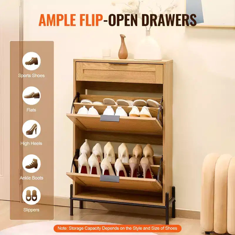 VEVOR Rattan Shoe Cabinet, with 2 Flip Rattan Drawers & 1 Slide Drawer, Metal Legs, for Entryway, Closet, Hallway, Light Wood Color