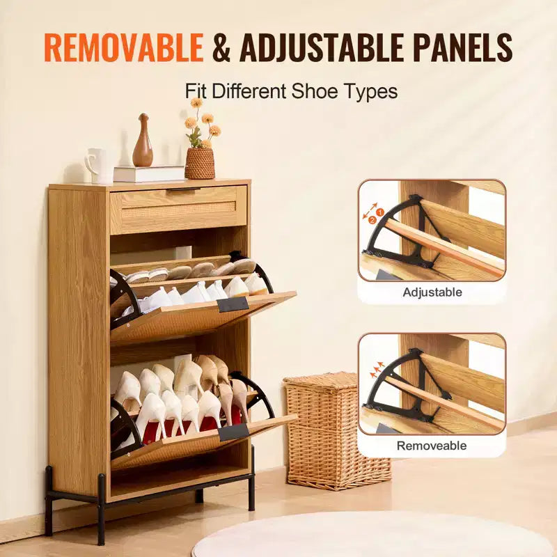 VEVOR Rattan Shoe Cabinet, with 2 Flip Rattan Drawers & 1 Slide Drawer, Metal Legs, for Entryway, Closet, Hallway, Light Wood Color