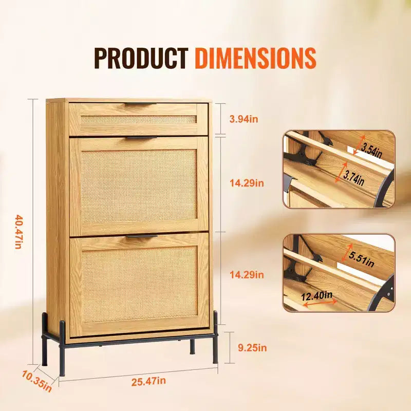 VEVOR Rattan Shoe Cabinet, with 2 Flip Rattan Drawers & 1 Slide Drawer, Metal Legs, for Entryway, Closet, Hallway, Light Wood Color