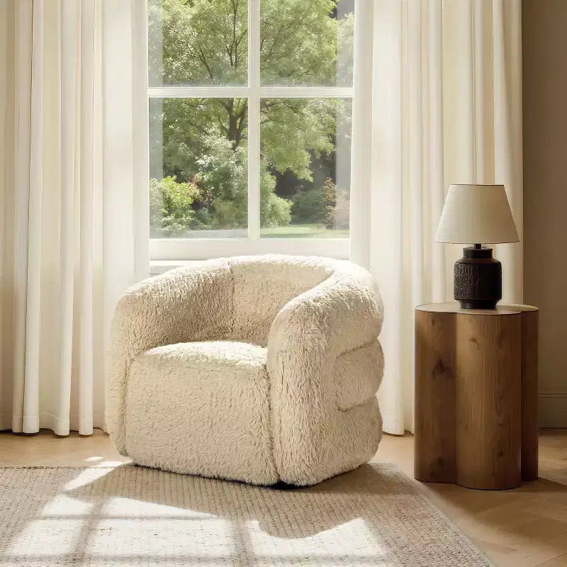 Jennifer Taylor Home Colt 33 Fur Swivel Upholstered Barrel Accent Arm Chair, Cream Beige Faux Fur