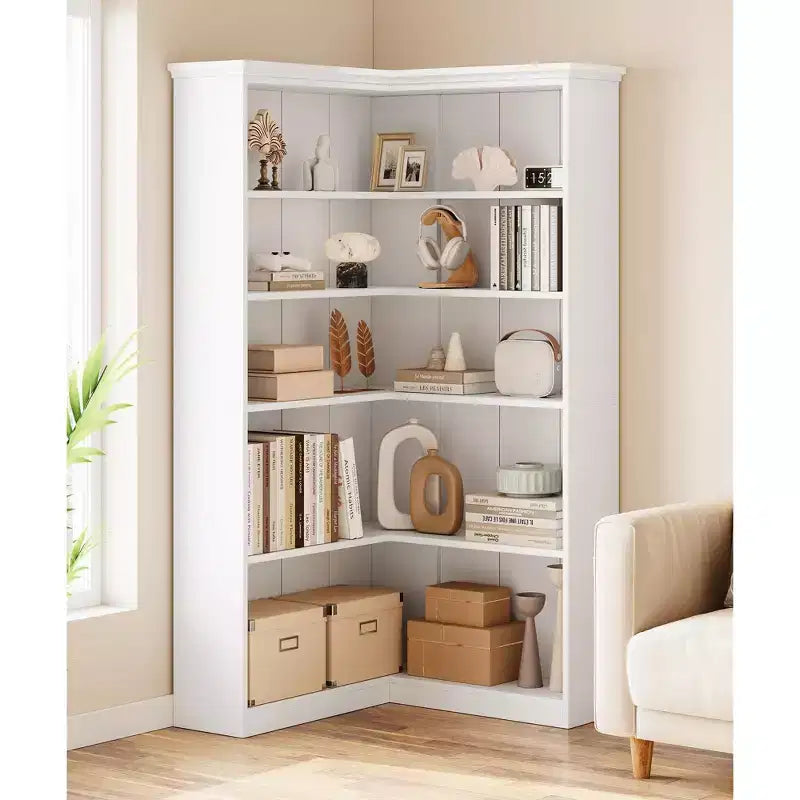 72 L-Shaped Corner Bookshelf, 5-Tier Wood Bookcase for Living Room/Office, Rustic Storage Shelf with Anti-Tip Design, Easy Assembly, Half-Back Style