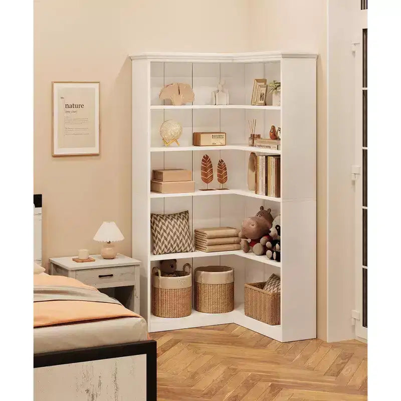 72 L-Shaped Corner Bookshelf, 5-Tier Wood Bookcase for Living Room/Office, Rustic Storage Shelf with Anti-Tip Design, Easy Assembly, Half-Back Style