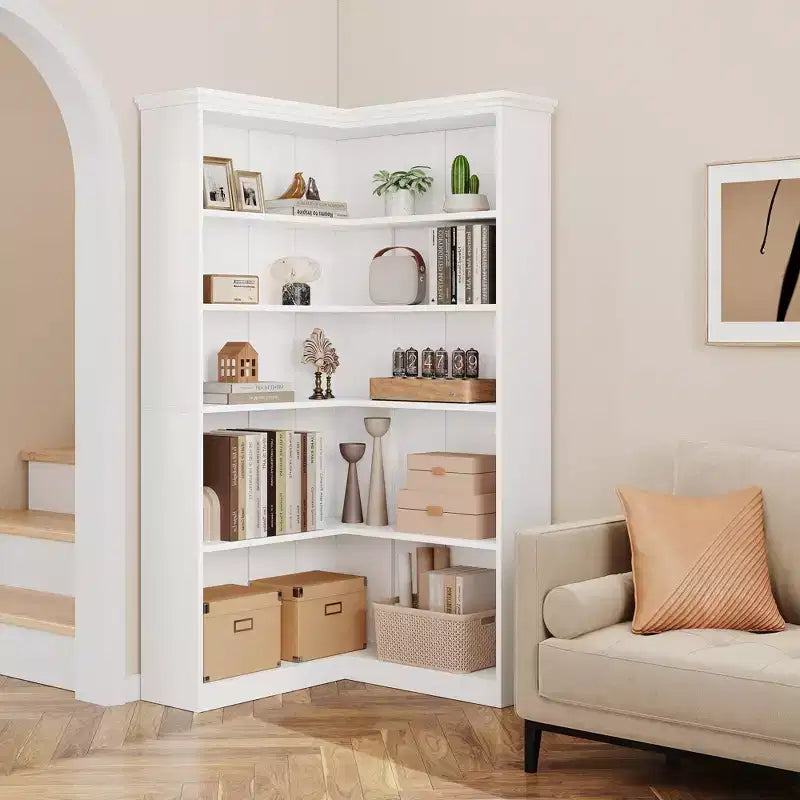 72 L-Shaped Corner Bookshelf, 5-Tier Wood Bookcase for Living Room/Office, Rustic Storage Shelf with Anti-Tip Design, Easy Assembly, Half-Back Style