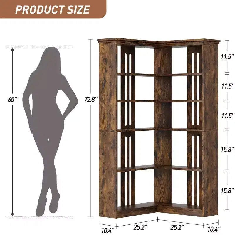 72 L-Shaped Corner Bookshelf, 5-Tier Wood Bookcase for Living Room/Office, Rustic Storage Shelf with Anti-Tip Design, Easy Assembly, Half-Back Style