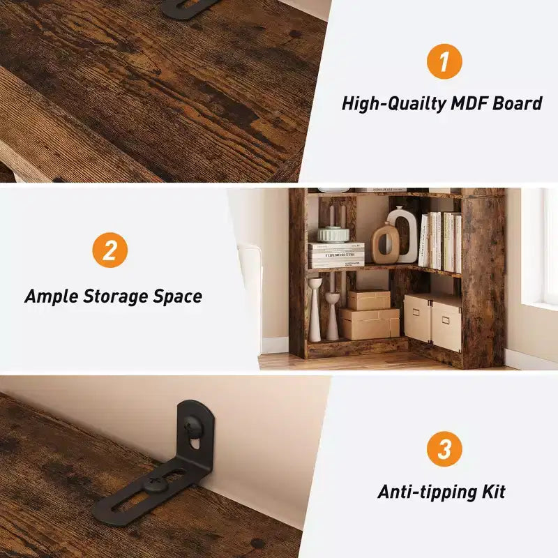 72 L-Shaped Corner Bookshelf, 5-Tier Wood Bookcase for Living Room/Office, Rustic Storage Shelf with Anti-Tip Design, Easy Assembly, Half-Back Style