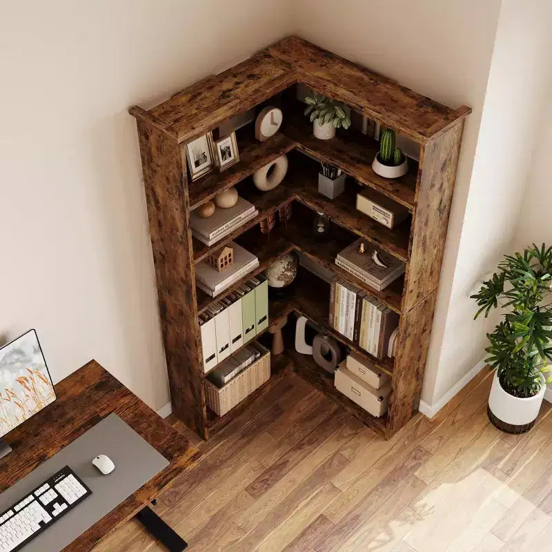 72 L-Shaped Corner Bookshelf, 5-Tier Wood Bookcase for Living Room/Office, Rustic Storage Shelf with Anti-Tip Design, Easy Assembly, Half-Back Style