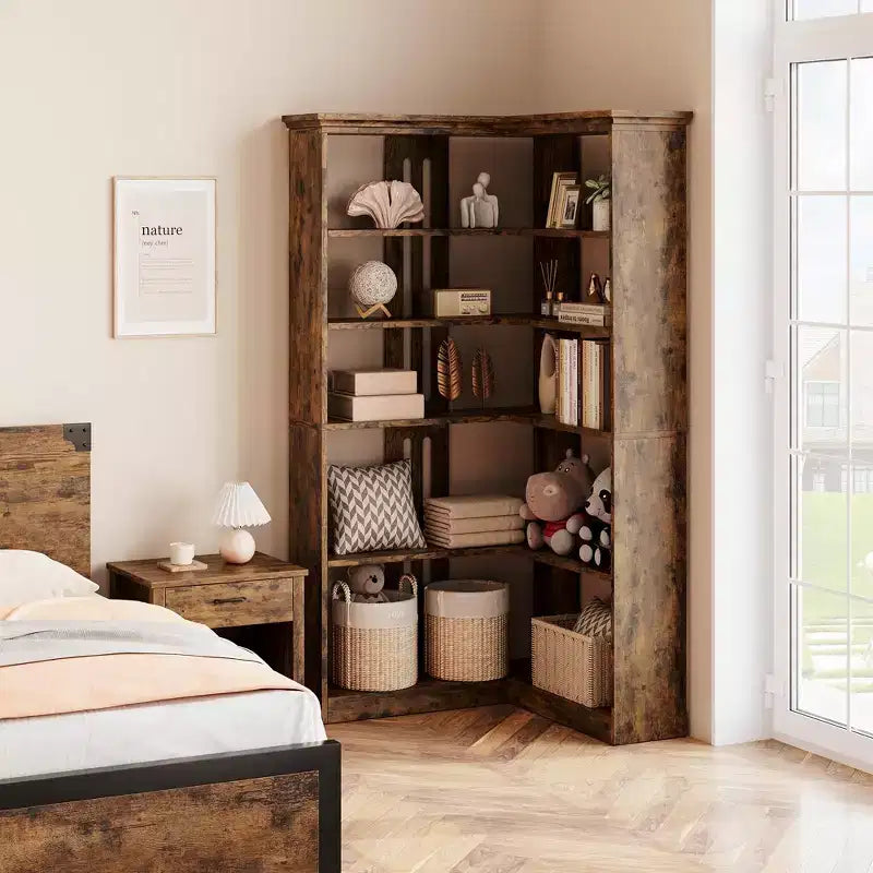 72 L-Shaped Corner Bookshelf, 5-Tier Wood Bookcase for Living Room/Office, Rustic Storage Shelf with Anti-Tip Design, Easy Assembly, Half-Back Style