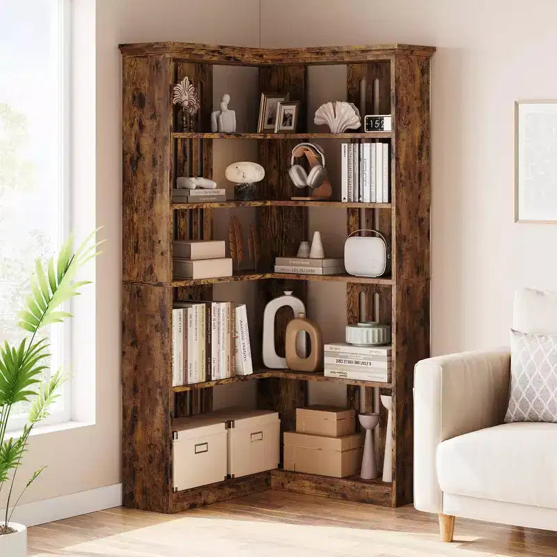 72 L-Shaped Corner Bookshelf, 5-Tier Wood Bookcase for Living Room/Office, Rustic Storage Shelf with Anti-Tip Design, Easy Assembly, Half-Back Style