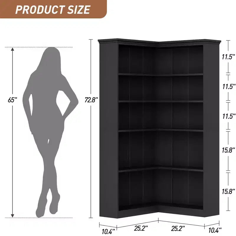 72 L-Shaped Corner Bookshelf, 5-Tier Wood Bookcase for Living Room/Office, Rustic Storage Shelf with Anti-Tip Design, Easy Assembly, Half-Back Style