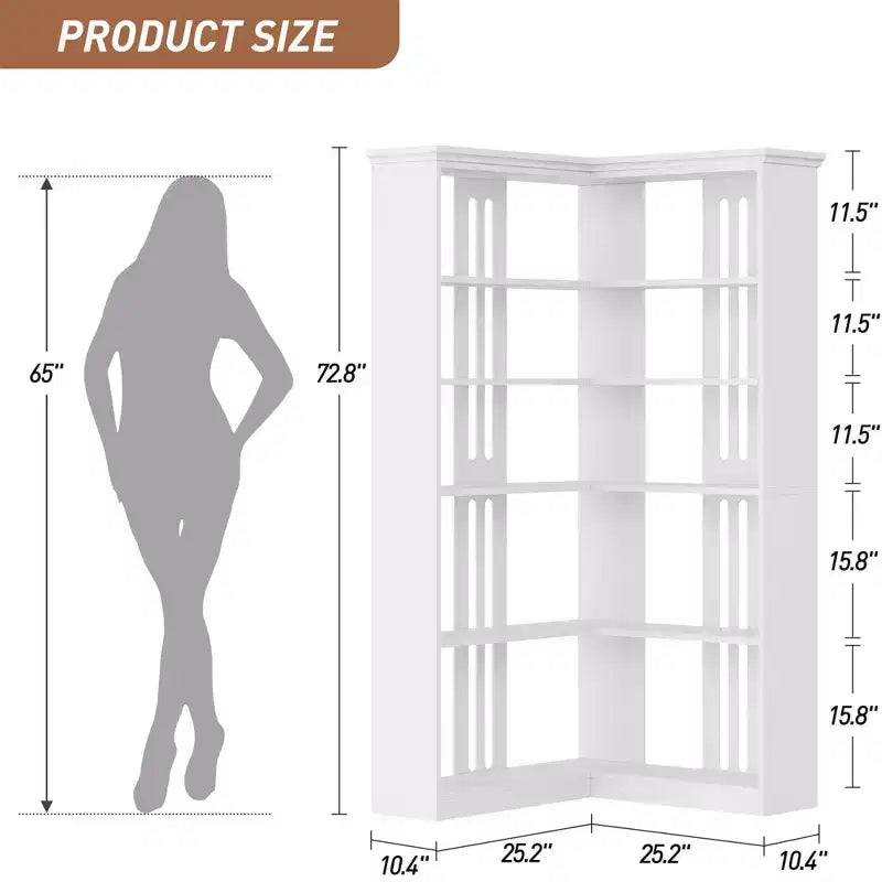 72 L-Shaped Corner Bookshelf, 5-Tier Wood Bookcase for Living Room/Office, Rustic Storage Shelf with Anti-Tip Design, Easy Assembly, Half-Back Style