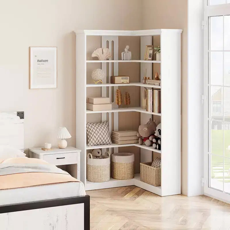 72 L-Shaped Corner Bookshelf, 5-Tier Wood Bookcase for Living Room/Office, Rustic Storage Shelf with Anti-Tip Design, Easy Assembly, Half-Back Style