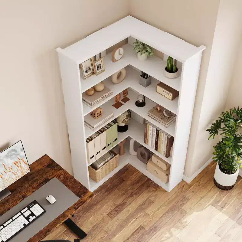 72 L-Shaped Corner Bookshelf, 5-Tier Wood Bookcase for Living Room/Office, Rustic Storage Shelf with Anti-Tip Design, Easy Assembly, Half-Back Style