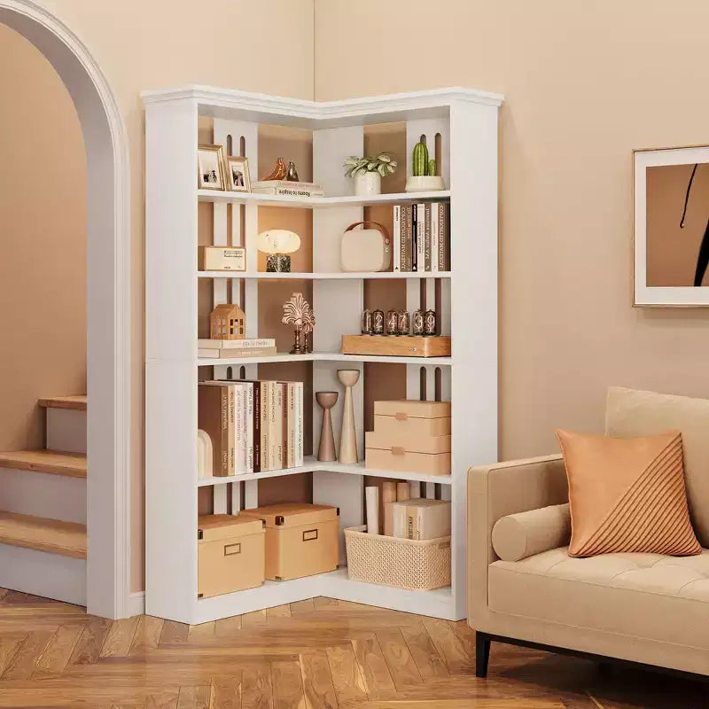 72 L-Shaped Corner Bookshelf, 5-Tier Wood Bookcase for Living Room/Office, Rustic Storage Shelf with Anti-Tip Design, Easy Assembly, Half-Back Style