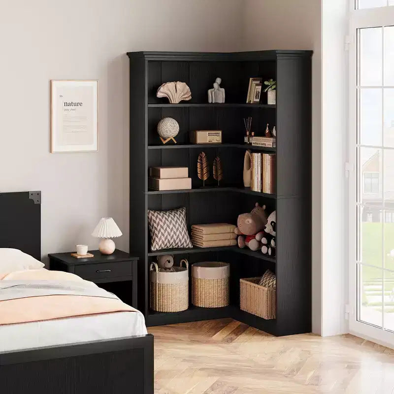 72 L-Shaped Corner Bookshelf, 5-Tier Wood Bookcase for Living Room/Office, Rustic Storage Shelf with Anti-Tip Design, Easy Assembly, Half-Back Style
