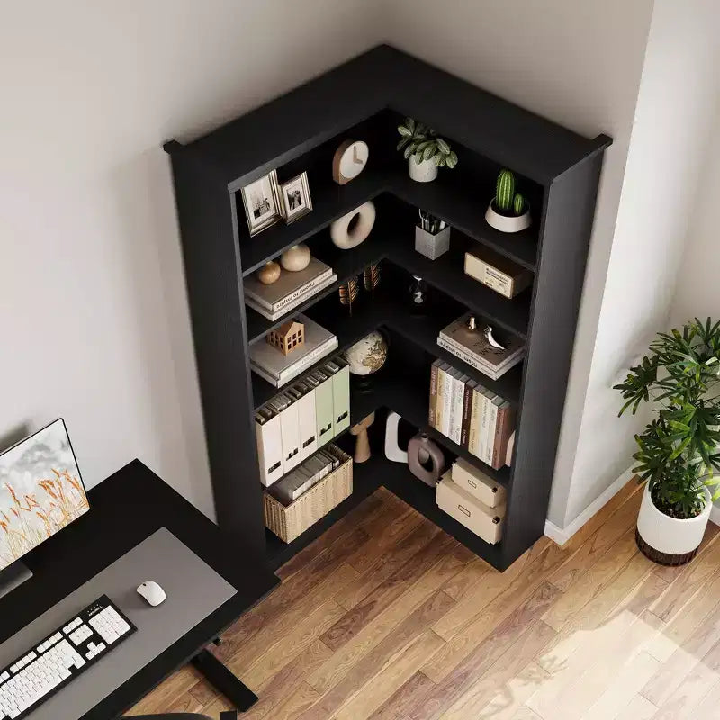 72 L-Shaped Corner Bookshelf, 5-Tier Wood Bookcase for Living Room/Office, Rustic Storage Shelf with Anti-Tip Design, Easy Assembly, Half-Back Style