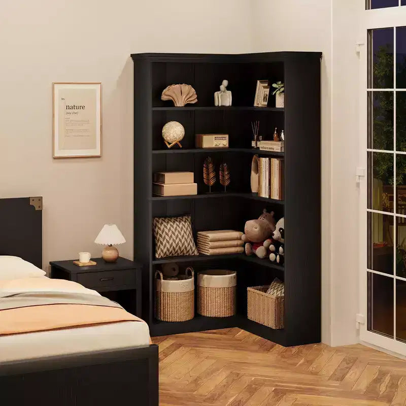 72 L-Shaped Corner Bookshelf, 5-Tier Wood Bookcase for Living Room/Office, Rustic Storage Shelf with Anti-Tip Design, Easy Assembly, Half-Back Style