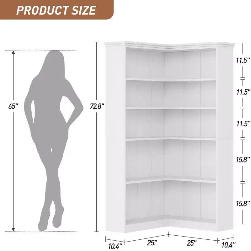 72 L-Shaped Corner Bookshelf, 5-Tier Wood Bookcase for Living Room/Office, Rustic Storage Shelf with Anti-Tip Design, Easy Assembly, Half-Back Style