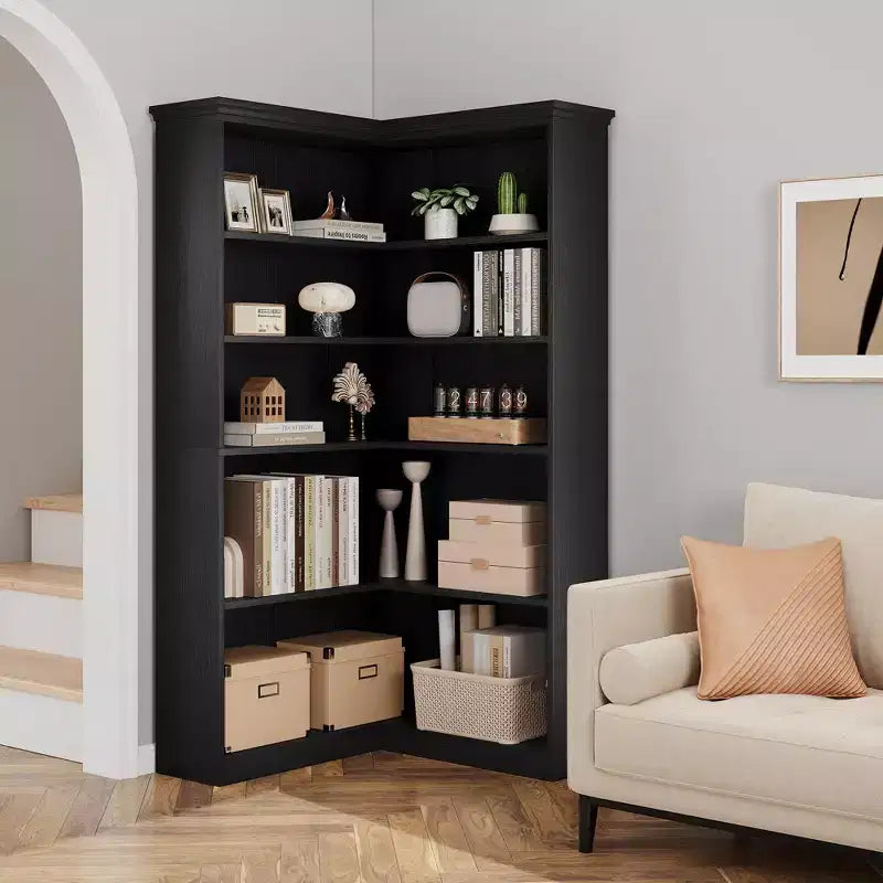 72 L-Shaped Corner Bookshelf, 5-Tier Wood Bookcase for Living Room/Office, Rustic Storage Shelf with Anti-Tip Design, Easy Assembly, Half-Back Style